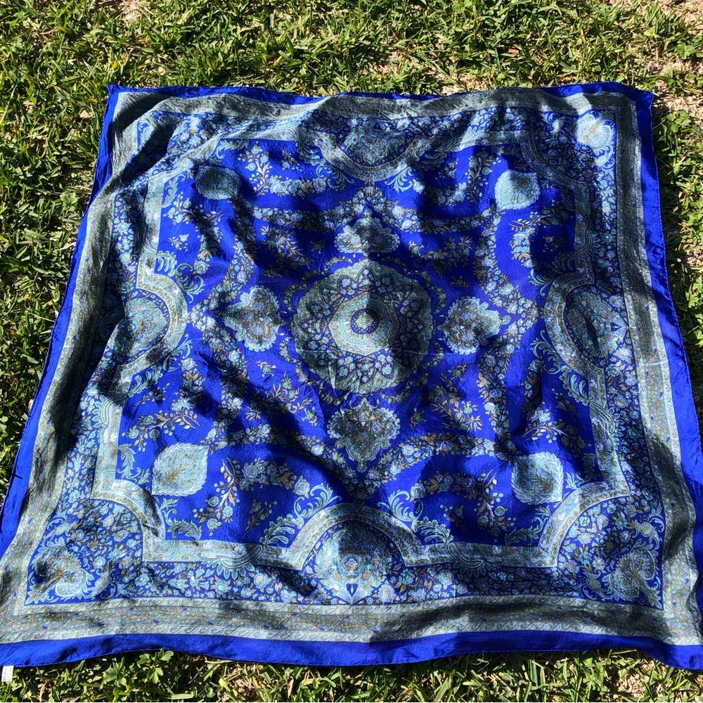 Floral Blue Silk Scarf 42”x44” - Picture 6 of 8